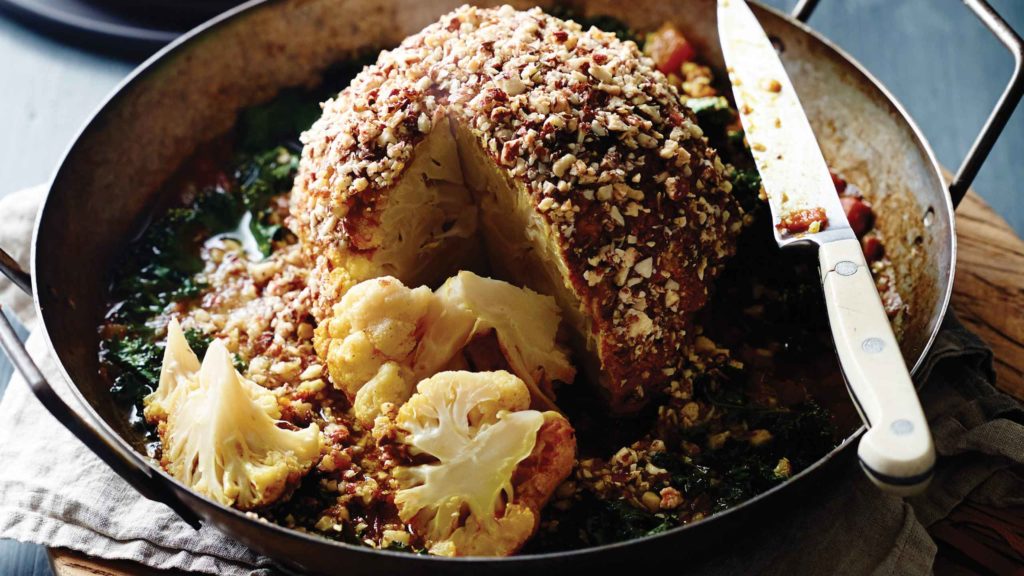 Whole roasted cauliflower with Almonds and Dukkah