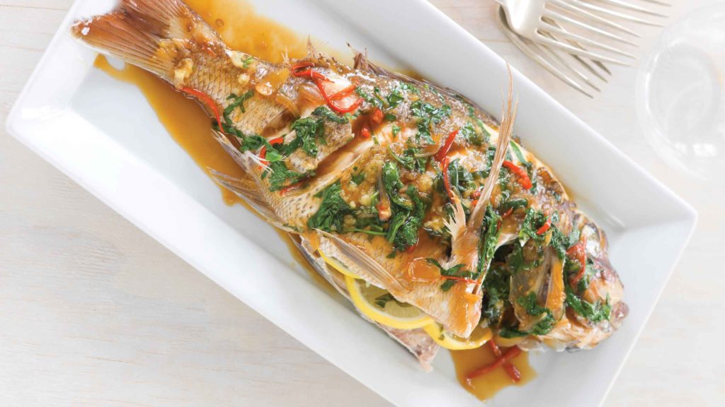 WHOLE SNAPPER STEAMED WITH GINGER, BASIL & CHILLI